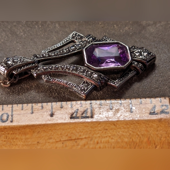 💜 Avon Necklace  Faux Marcasite Vintage simulated amethyst signed 12" chain - Picture 6 of 9